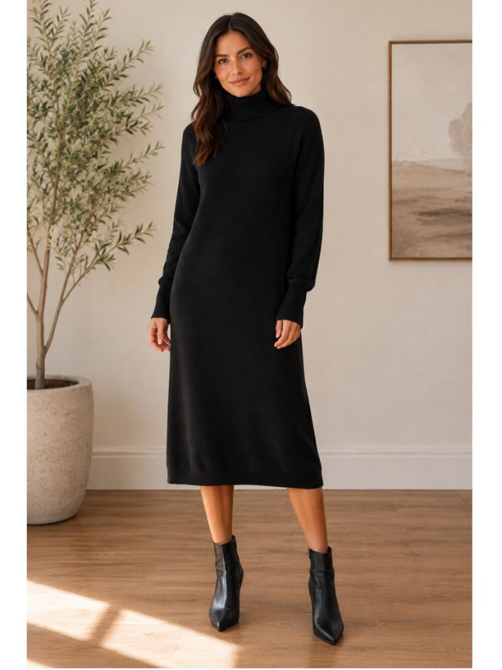 Quince Mongolian Cashmere Turtleneck Midi Sweater Dress Black XL Minimalist Fall